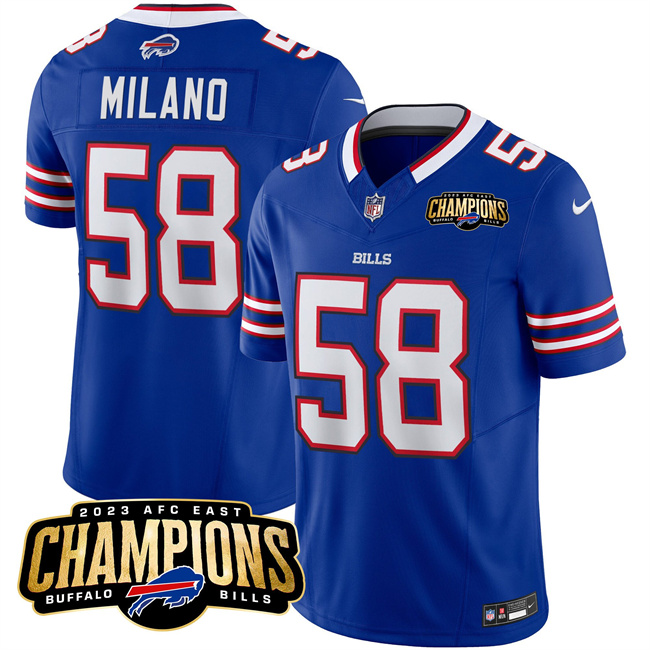 Men's Buffalo Bills #58 Matt Milano Blue 2023 F.U.S.E. AFC East Champions Ptach Football Stitched Jersey